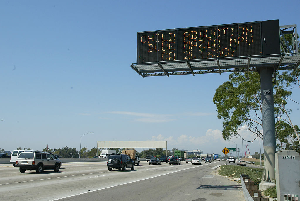 (Orange, CA) (8/20/03) An Amber Alert for two missing girls is posted on a freeway sign along the 57