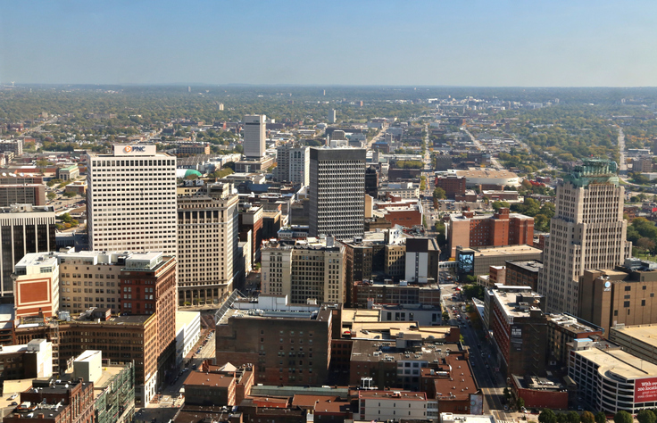 Aerial view of Cleveland city looking east down the historic Euclid Avenue, Cleveland, Ohio, USA