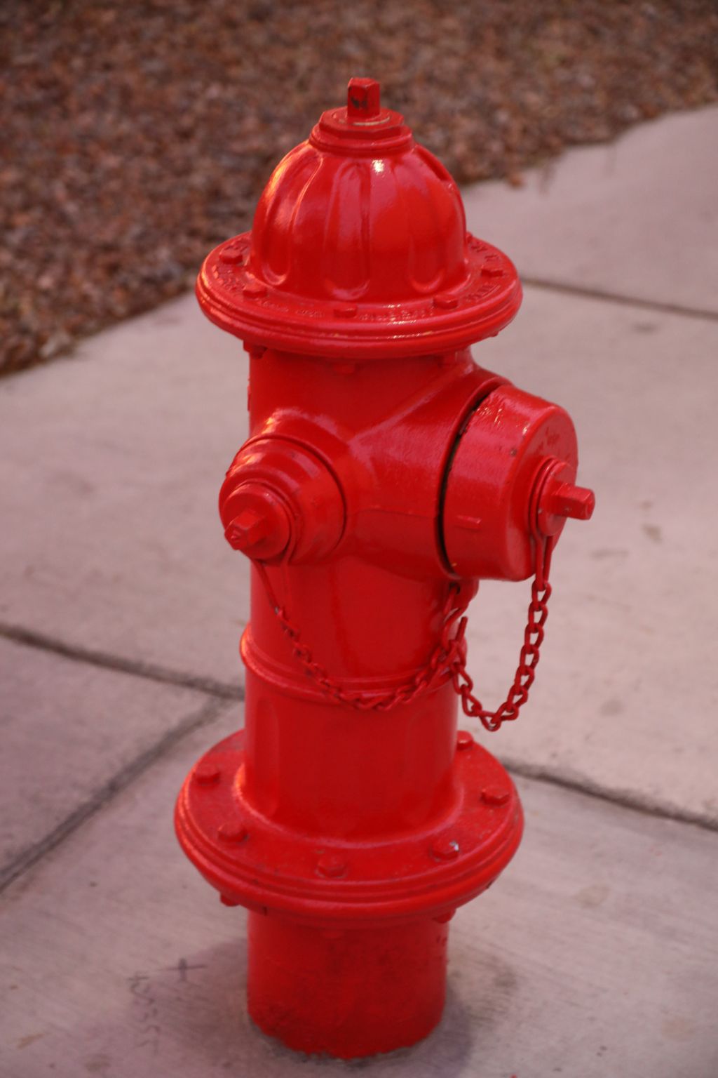 Bright red colored fire hydrant in the concrete sidewalk