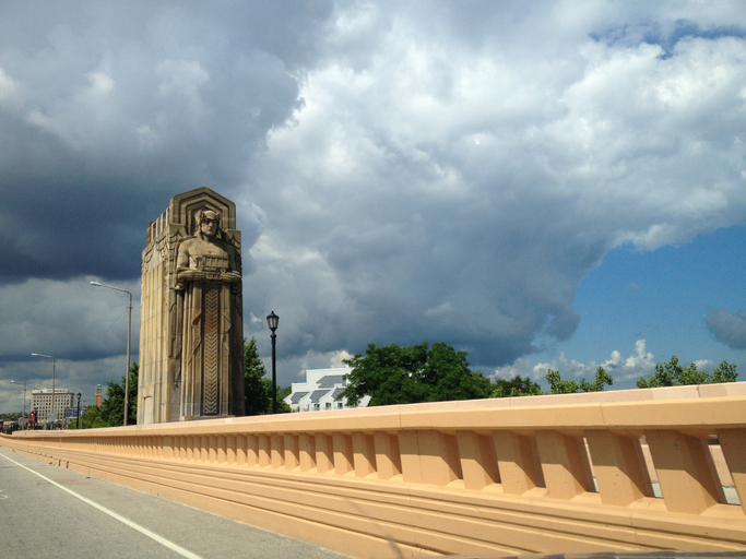View of Hope Memorial Bridge and "Guardian of Traffic" sculptures from roadway Cleveland, Ohio