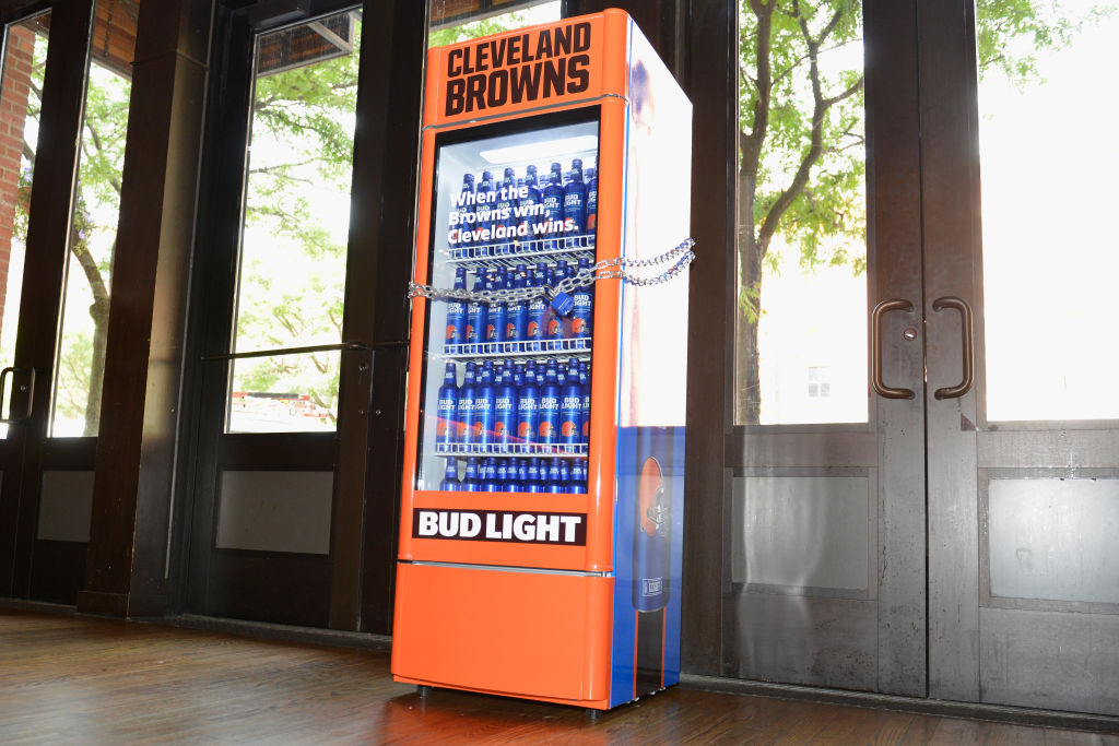 Bud Light And The Cleveland Browns Unveil the "Bud Light Cleveland Browns Victory Fridge" In Cleveland With The Help Of Browns Legends Felix Wright And Frank Stams