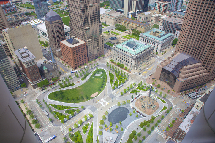 Aerial view of downtown Cleveland's Public Square