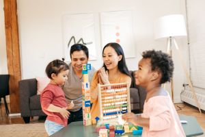 Busy family in a living room