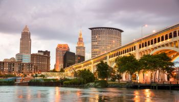Downtown Cleveland city skyline in Ohio USA