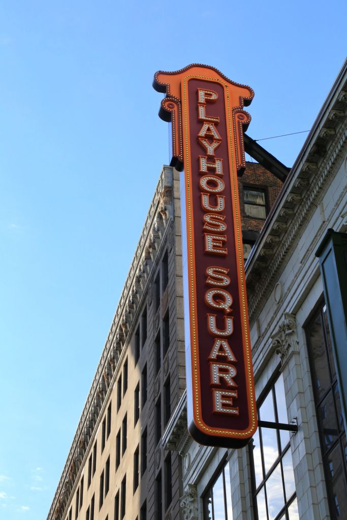 Overhead neon sign at Cleveland Playhouse Theater, Cleveland, Ohio, USA