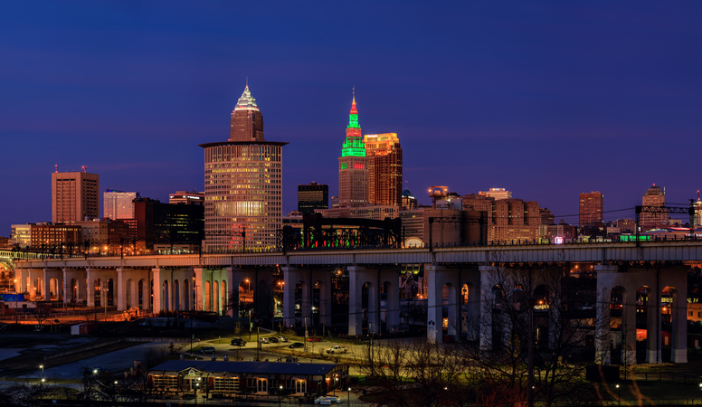 Cleveland Skyline view from the South West on the Christmas Night - Cleveland, OH, USA. December 2019