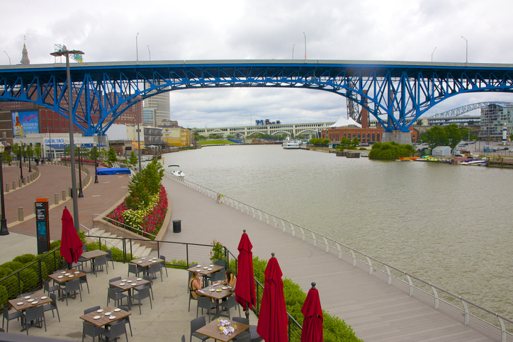 Restaurant, boardwalk, river and bridge, Cleveland