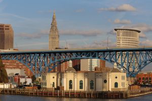 Cleveland city skyline seen from the historic Flats neighborhood