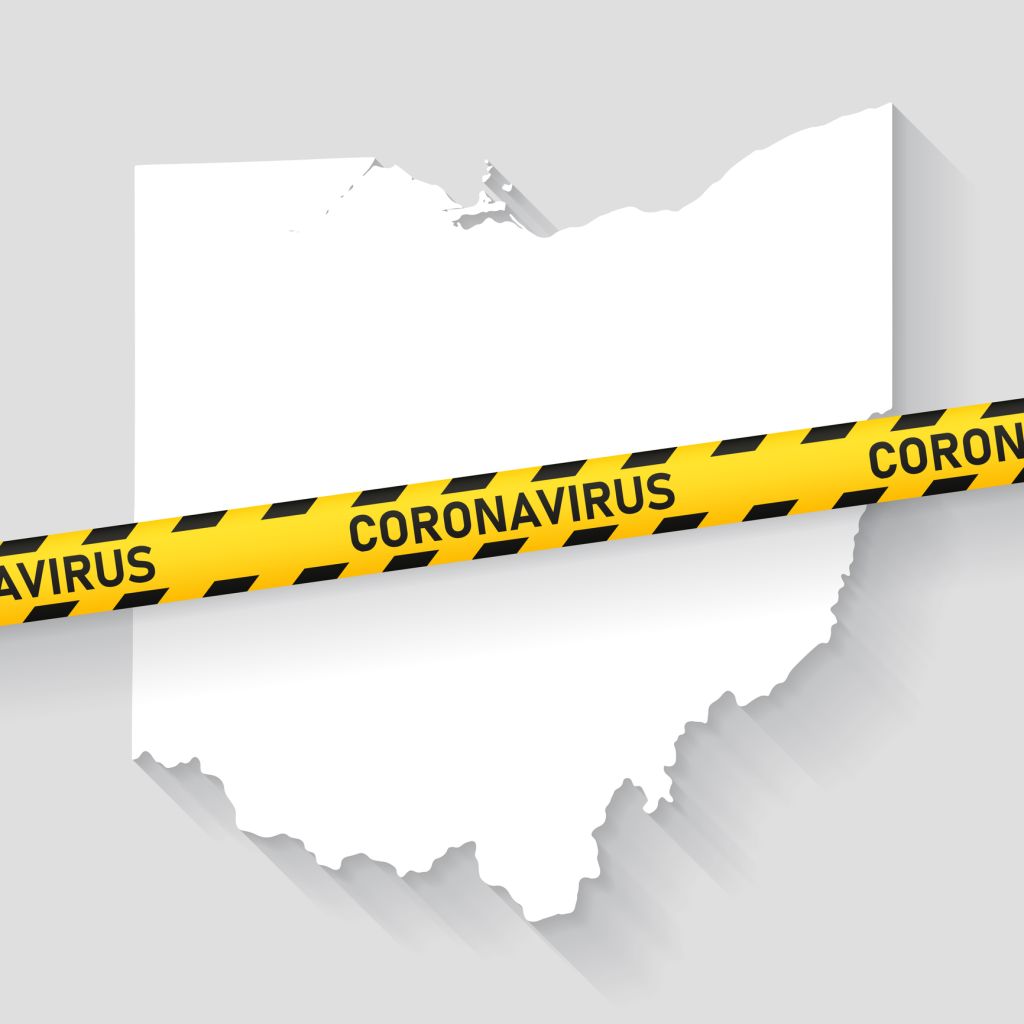 Ohio map with Coronavirus caution tape. Covid-19 outbreak