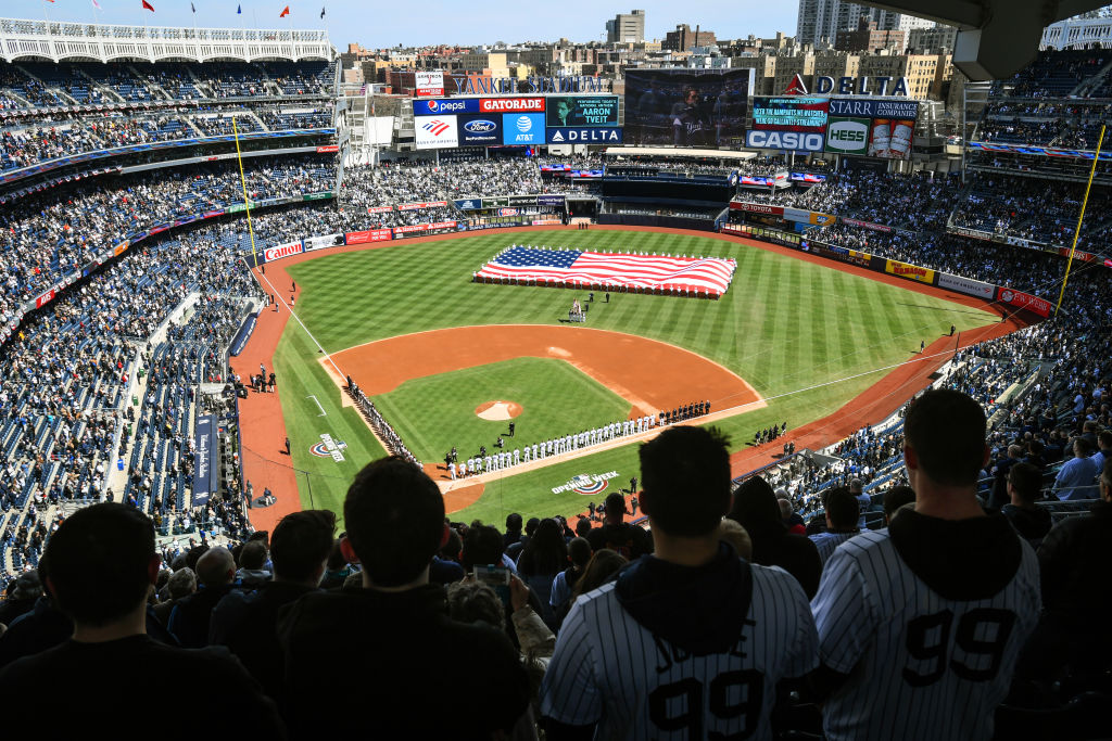 Overview of the field at Yankee Stadium from the stands behind home plate