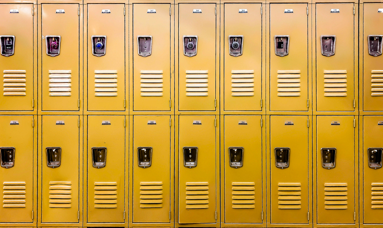 row of traditional metal school lockers