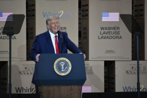 U.S President Donald Trump speaks at Whirlpool in Ohio