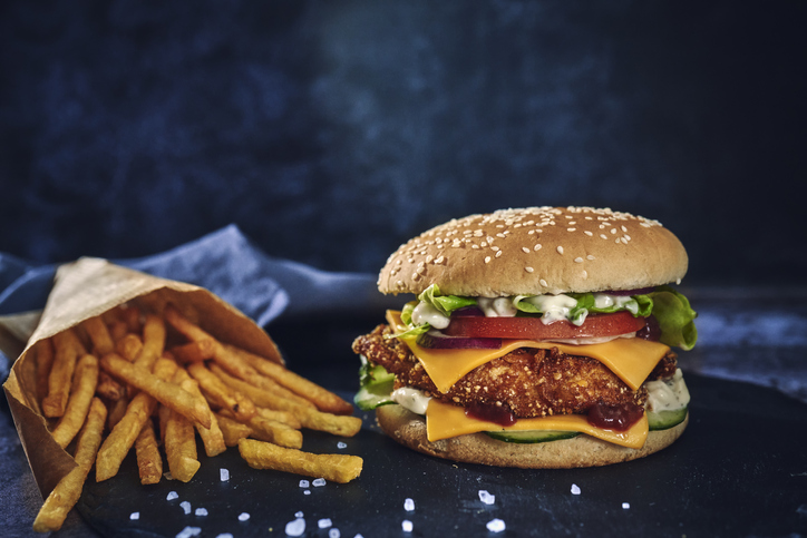 Crispy Chicken Burger with Cheese, Tomato, Onions and Lettuce