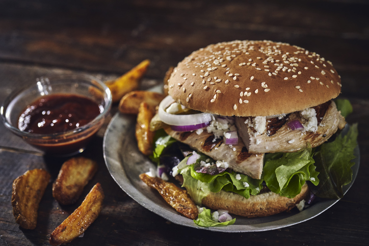 Grilled Chicken Burger with Feta Cheese, Onions and Lettuce