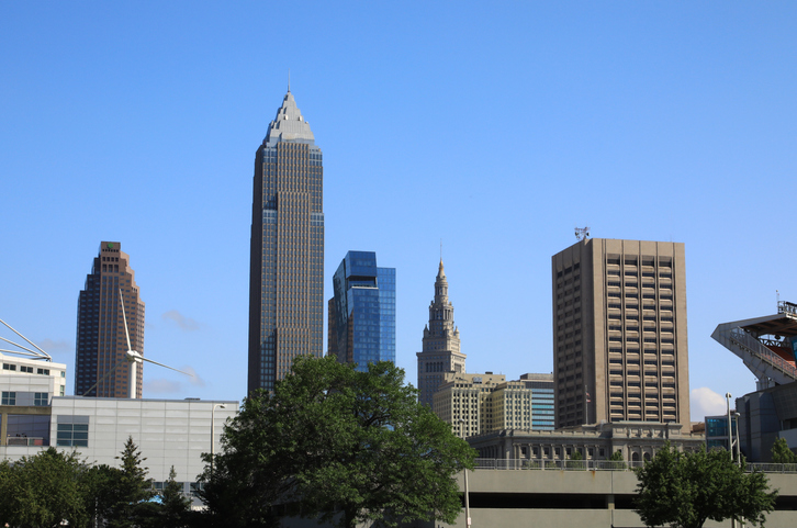 Downtown Cleveland city skyline in Ohio USA