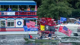 Boats take part in a pro-Trump boat parade on the West...