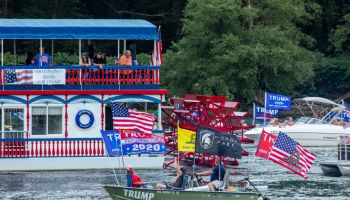 Boats take part in a pro-Trump boat parade on the West...