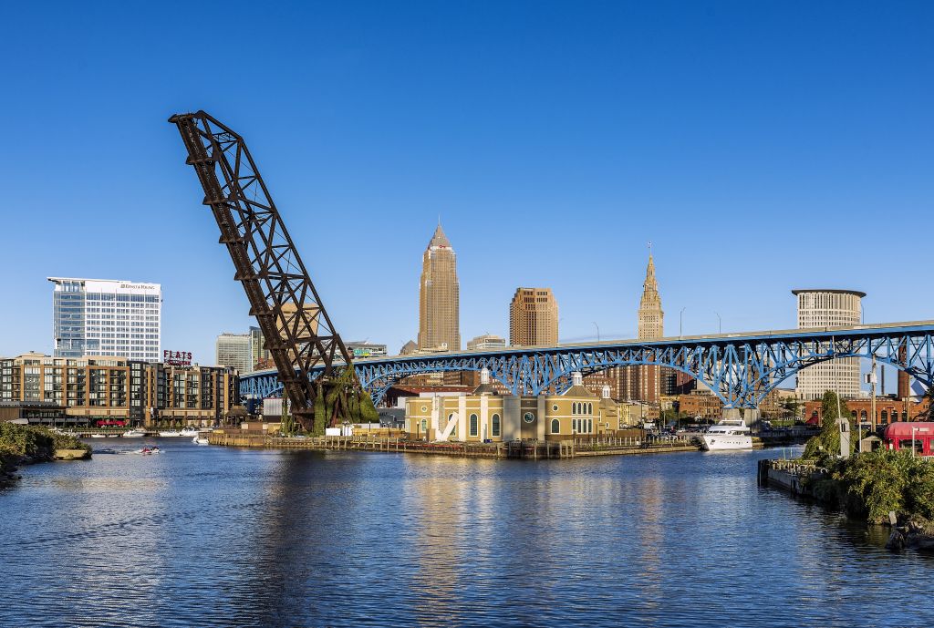 City skyline and the Cuyahoga River in Cleveland.