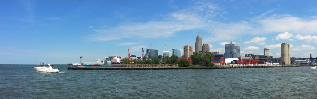 Cleveland skyline and shipyards across the Cuyahoga River