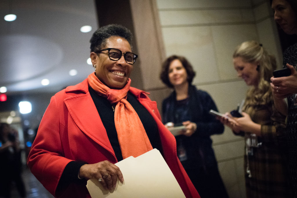 Congresswoman Marcia L. Fudge (Ohio) leaves a closed door meeting at Capitol Visitor Center Auditorium Wednesday morning to nominate a speaker and choose other members of their leadership team.