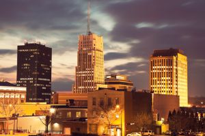 USA, Ohio, Akron, Sunset in downtown