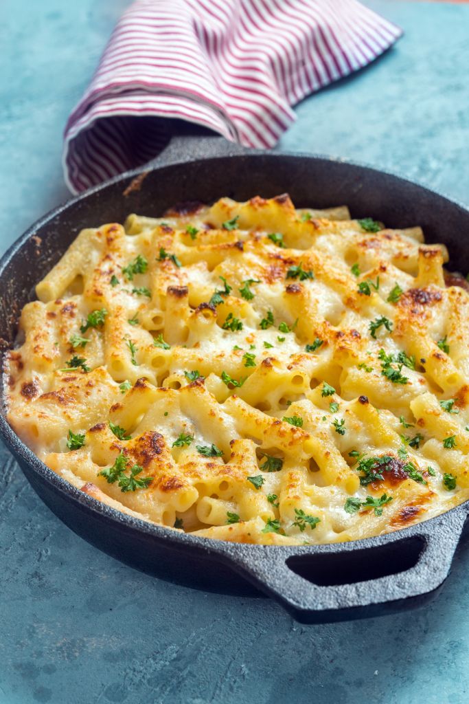 Macaroni and cheese in a cast iron skillet