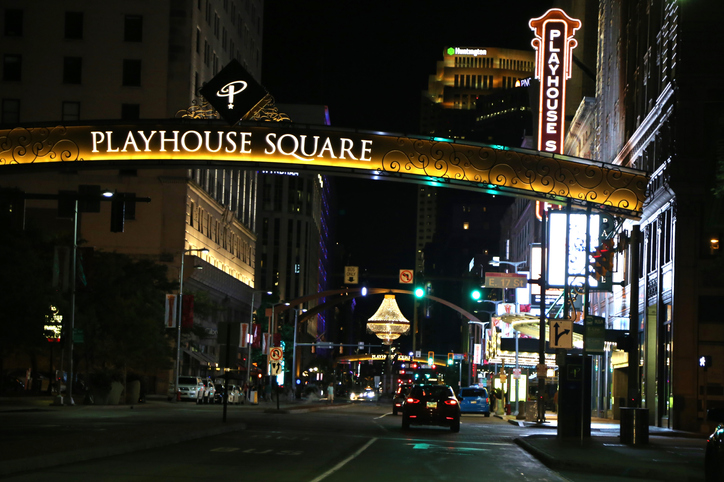 Night view of the outdoor chandelier at the Playhouse Square performing arts district, Cleveland, Ohio, USA