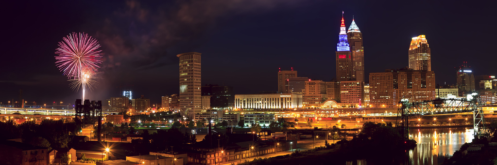 Cleveland skyline during July 4th Fireworks