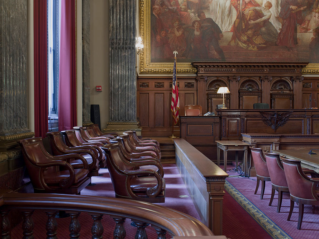 East courtroom, Judge bench and Jury box, Howard M. Metzenbaum U.S. Courthouse, Cleveland, Ohio
