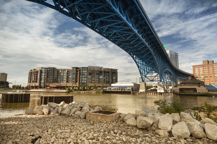 Downtown Cleveland city skyline in Ohio USA