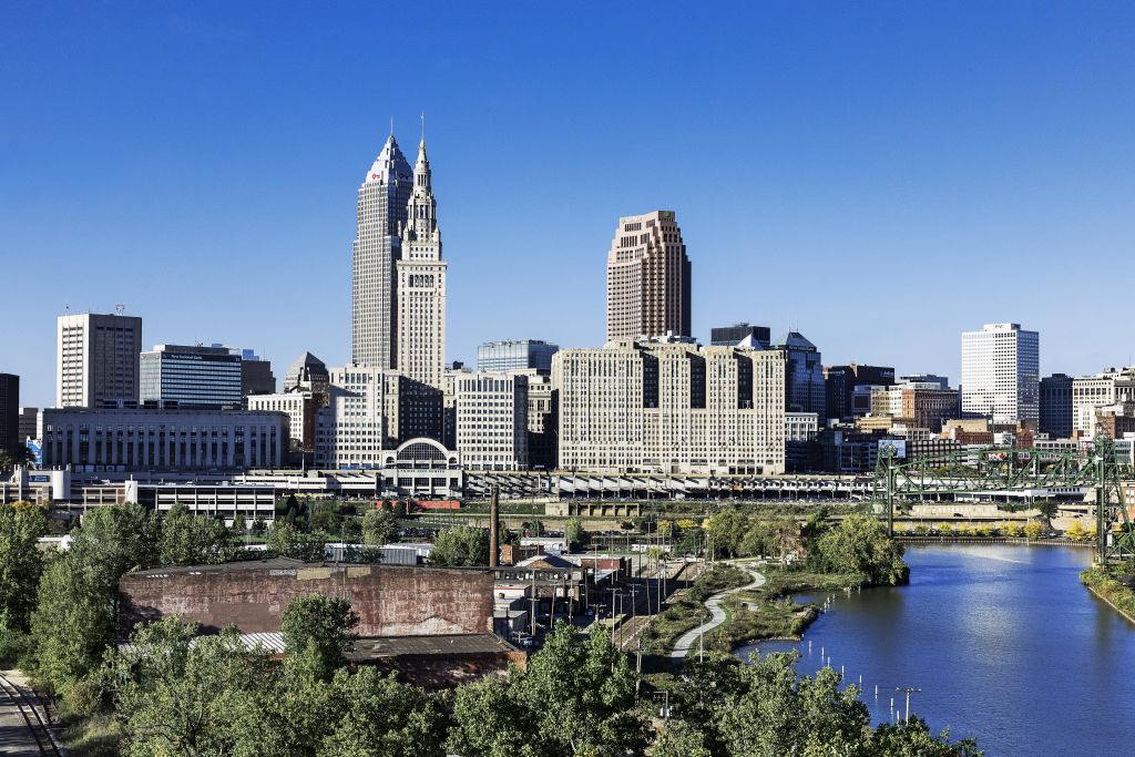 City skyline and the Cuyahoga River in Cleveland.