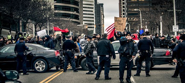 Protesters took the streets of downtown Cleveland, Ohio, the...
