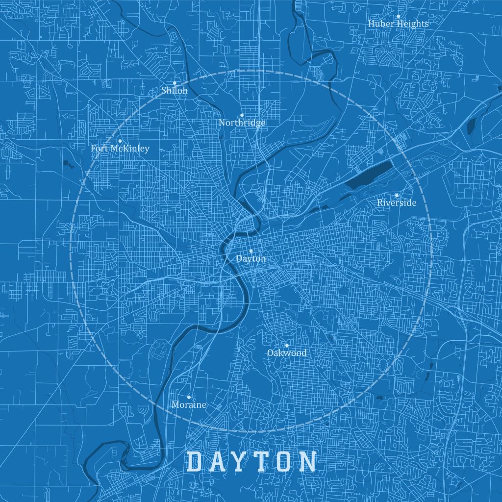 Dayton OH City Vector Road Map Blue Text