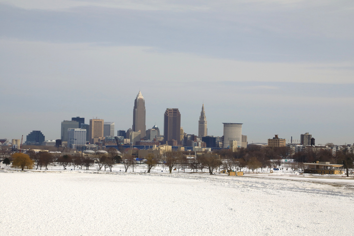 Frozen Lake Erie and Cleveland Skyline