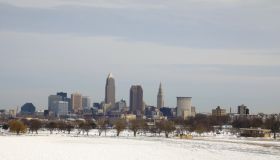 Frozen Lake Erie and Cleveland Skyline