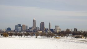 Frozen Lake Erie and Cleveland Skyline