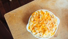 Baked Macaroni Cheese dish on a timber table
