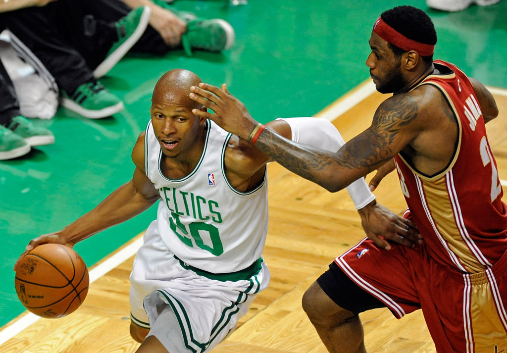 (051310, Boston, MA) Boston Celtics guard Ray Allen, left, drives the ball past Cleveland Cavaliers forward LeBron James during the second quarter in game six of the Eastern Conference Semi-Finals on Thursday, May 13, 2010. Staff photo by Christopher