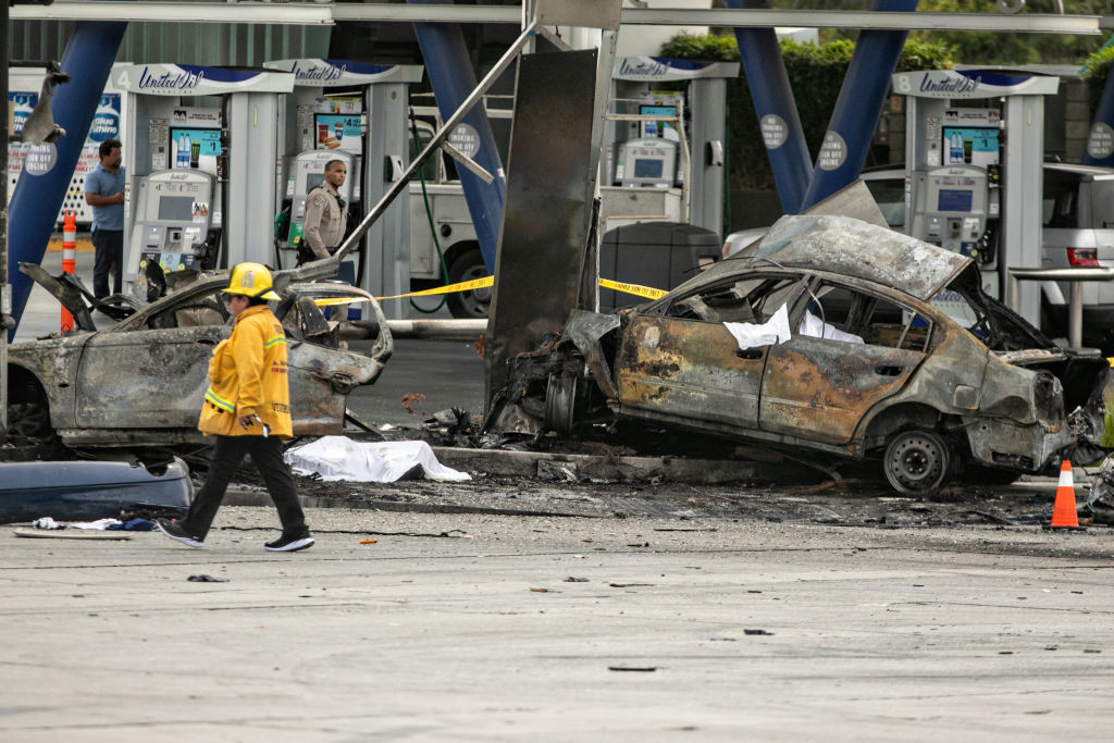 Multiple people were killed in a fiery crash near a Windsor Hills gas station at the intersection of West Slauson and South La Brea avenues