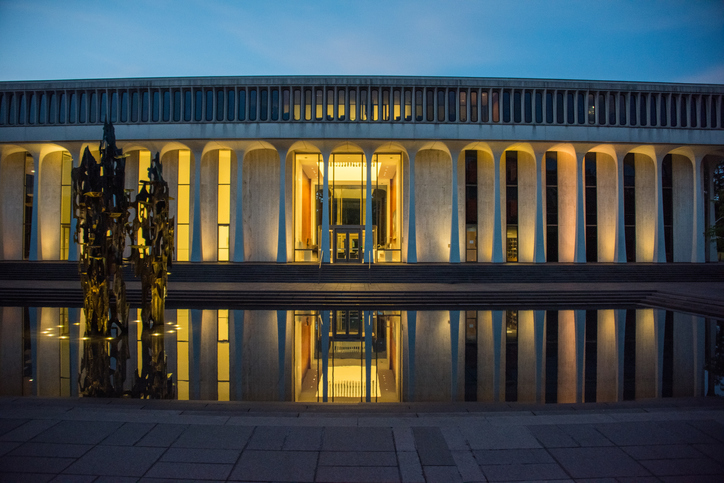 Robertson Hall and Scudder Plaza reflecting pool at dawn