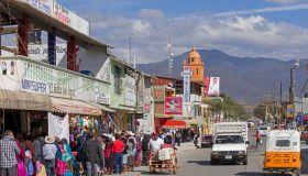 Street with market stalls in the city Tlacolula de Matamoros, Oaxaca, southwestern Mexico