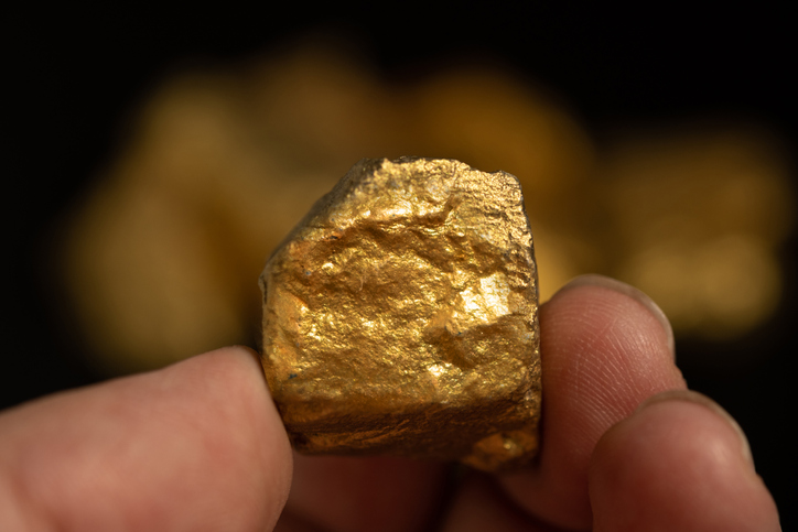 Pure gold nugget from the mine in the hands of a miner on a black background.