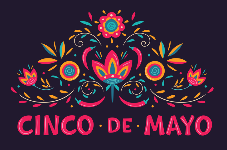 Cinco de Mayo, May 5, federal holiday in Mexico. Fiesta vector banner design with Mexican floral traditional elements. Ornate folk graphic. Lettering ornamental sign for poster, greeting card