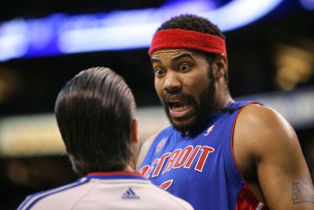 (052808 Boston, MA ) Detroit Pistons forward Rasheed Wallace reacted to a foul call in the 2nd half as the Boston Celtics beat the Detroit Pistons 106-102 in Game 5 of the Eastern Conference finals at TD Banknorth Garden on Wednesday, May 28, 2008.
