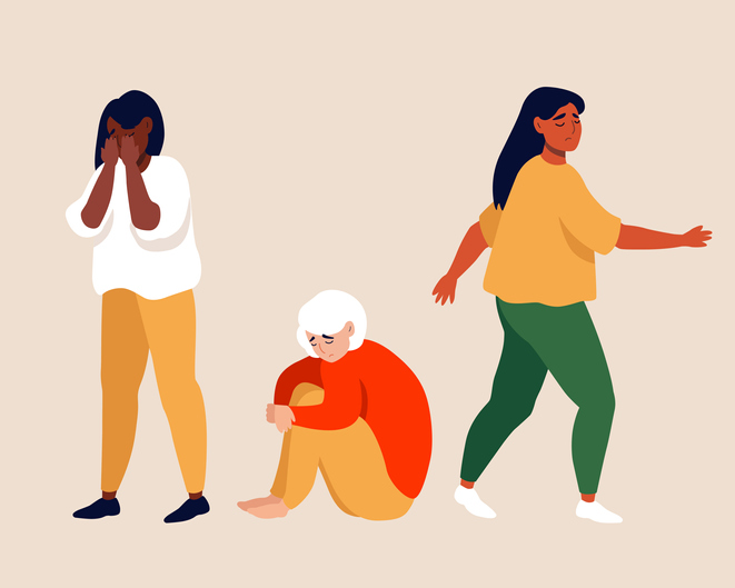 Hand painted unhappy young women in depression in different poses. Concept of grief, frustration and depression.