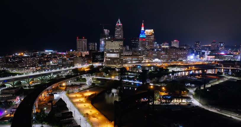 Cleveland Skyline on a Clear Fall Night - Aerial