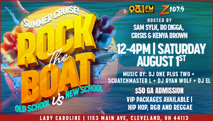 Vibrant poster for a "Rock the Boat" summer cruise event, featuring DJ One Plus Two, Scratchmaster L, DJ Ryan Wolf, and DJ EL. Text includes "Old School vs New School" and event details.