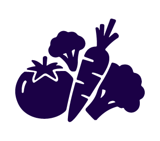 Silhouettes of various vegetables including a tomato, carrot, and broccoli.