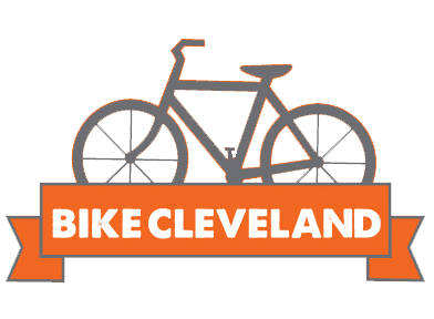Bicycle silhouette with "BIKE CLEVELAND" text on an orange banner.