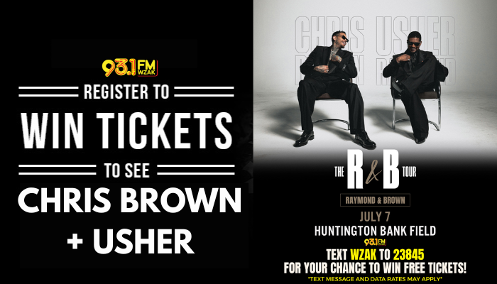 Two men in black suits sitting on chairs against a white background, with text "CHRIS BROWN + USHER" and "THE R&B TOUR" visible.